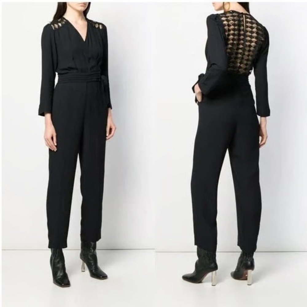 SANDRO
Noya Wrap-effect Macramé Lace-paneled Crepe Jumpsuit